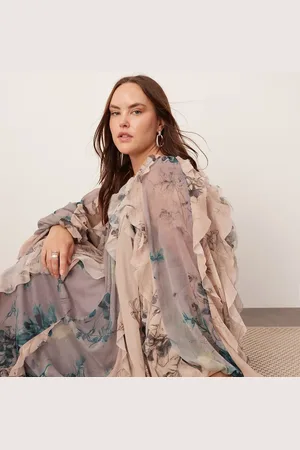 ASOS Vestido largo con estampado floral variado, volantes, mangas globo y bordes sin rematar de chifón de Curve-Multicolor