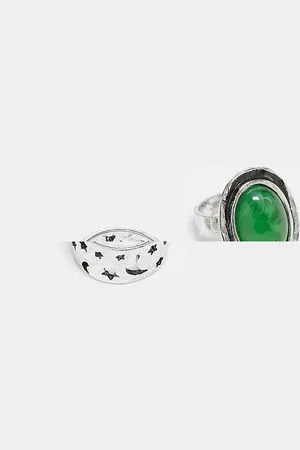 Reclaimed Pack de 2 anillos plateados unisex con detalle de piedra sintética verde de