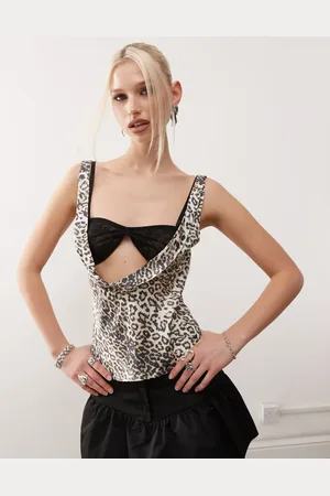 Lioness Top con estampado de descolorido, cuello muy desbocado y sujetador negro de encaje de -Multicolor