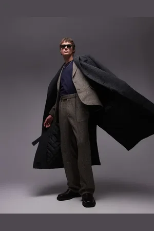 Topman Pantalones de traje marrones holgados de talle alto de tejido texturizado de