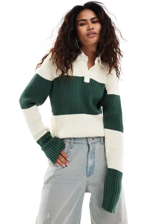 Lioness Jersey verde y crema a rayas de estilo rugby con cuello tipo polo de punto de -Multicolor
