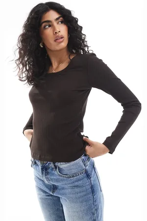 VERO MODA Top marrón de manga larga de canalé de