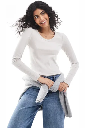 VERO MODA Top color piedra de manga larga de canalé de -Neutro