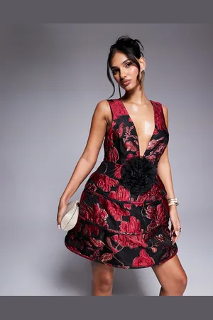 ASOS Vestido corto escotado con diseño enrejado, detalle de flor y patrón de jacquard de -Rojo