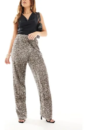 Pieces® Pantalones marrón topo de pernera ancha de velour con lentejuelas de -Neutro