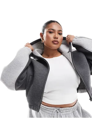 ASOS Sudadera corta gris con capucha y diseño tipo patchwork de ASOS DESIGN Curve-Multicolor
