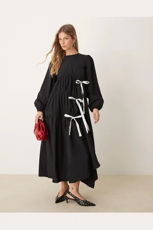 Ghospell Vestido midi fruncido con lazo en contraste de