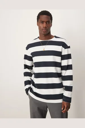 SELECTED Camiseta azul marino a rayas de manga larga y corte cuadrado extragrande de
