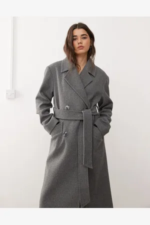 Miss Selfridge Abrigo de vestir gris jaspeado cruzado con cinturón de