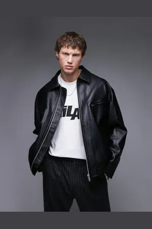 Topman Chaqueta bomber negra de cuero sintético de -Marrón