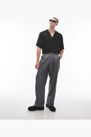 Topman Pantalones de traje grises de pernera ancha con patrón de hilos cruzados de