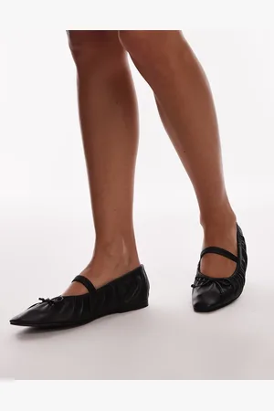 Topshop Bailarinas negras con diseño fruncido y detalle de tira de cuero Chia de