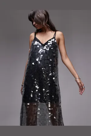 MANGO Vestido largo de malla con lentejuelas grandes de