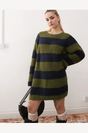 Monki Vestido corto a rayas azul marino y caqui de manga larga con cuello redondo de punto de -Verde