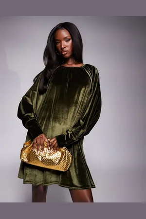 ASOS Vestido corto verde con mangas voluminosas de terciopelo de -Negro