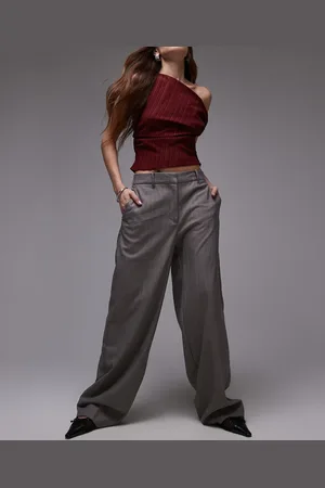 MANGO Pantalones marrones a rayas con patrón de espiga de