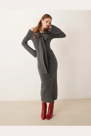Pretty Lavish Vestido semilargo con escote Bardot y lazo de punto de