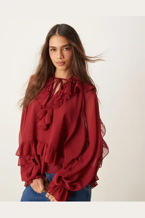 ASOS Blusa escalonada de manga larga con detalle de volantes de -Rojo