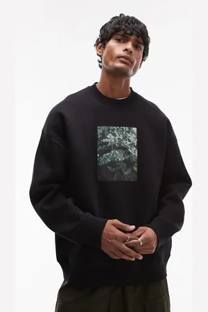 Topman Sudadera negra extragrande con estampado de parche de hojas de