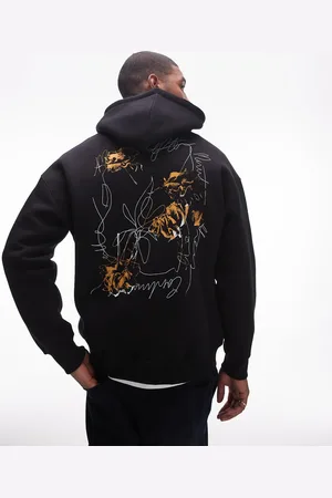 Topman Sudadera negra extragrande con capucha y estampado de rosas dibujadas en la parte delantera y trasera de