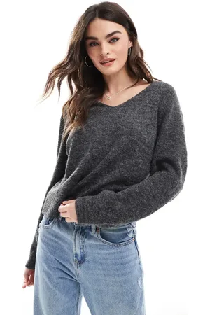 JJXX Jersey gris oscuro jaspeado con cuello de pico bajo de