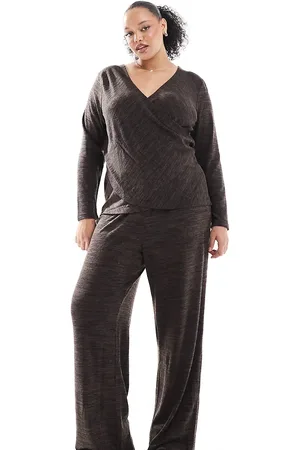 VERO MODA Pantalones marrón melange de pernera ancha de punto liso de (parte de un conjunto)