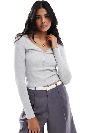 Cotton On Top gris de manga larga con cuello panadero de pico Kelsey de Cotton On