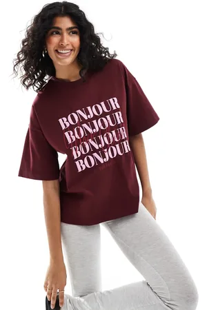 The Frolic Camiseta extragrande con logo "Bonjour" exclusiva de -Rojo