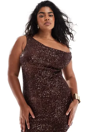 ASOS Vestido corto marrón con escote Bardot asimétrico de lentejuelas de ASOS DESIGN Curve