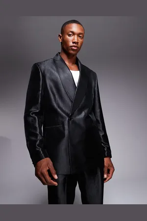 ASOS Chaqueta de traje negra de corte slim con cuello esmoquin de tejido metalizado de