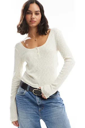 ONLY Top color de manga larga con cuello ancho de canalé de -Blanco