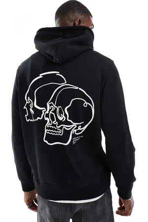JACK & JONES Sudadera negra extragrande con capucha y estampado de calavera en la espalda de
