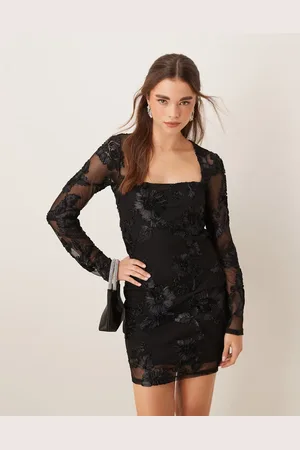 Gina Tricot Vestido corto con escote cuadrado y aplicación bordada superpuesta de tejido transparente de