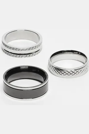 ASOS Pack de 3 anillos negros y plateados con diseños texturizados de acero inoxidable resistente al agua de