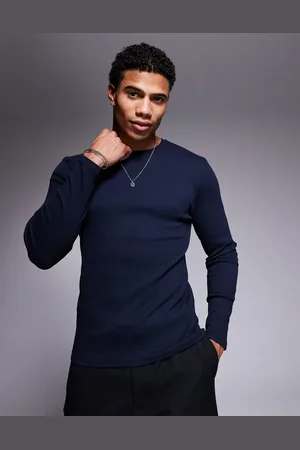 ASOS Camiseta azul marino ajustada de manga larga de canalé grueso de