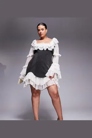 ASOS Vestido vaquero corto estilo corsé con mangas y bajo de chifón de Curve