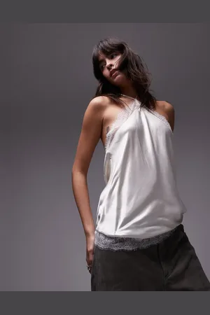 Topshop Top blanco de satén con cuello halter y ribete de encaje de