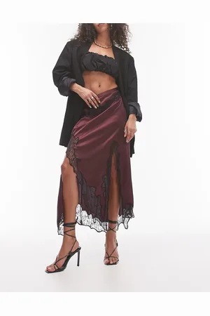 Topshop Falda larga burdeos de satén con ribetes de encaje negro de -Rojo