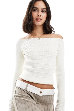 ASOS Top color con escote Bardot y detalle de pespuntes de punto de -Blanco