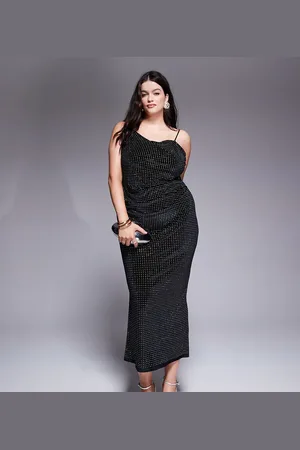 ASOS Vestido midi de terciopelo con pedrería y escote asimétrico drapeado de ASOS DESIGN Curve-Gris