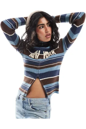 Daisy Street Jersey marrón y azul a rayas con cremallera, cuello alto y estampado gráfico "New York" de canalé de -Blanco