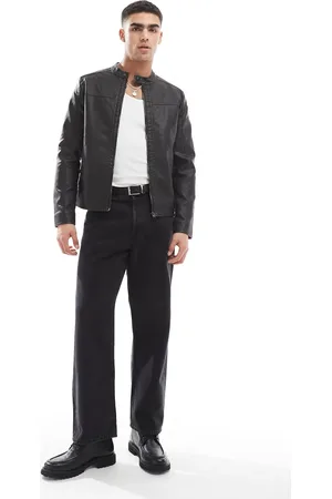 JACK & JONES Chaqueta biker negro lavado de cuero sintético de
