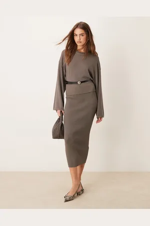 Gina Tricot Falda larga beis oscuro de punto fino metalizado de (parte de un conjunto)-Neutro