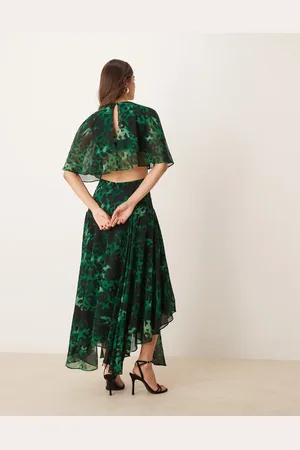 Forever New Vestido largo verde esmeralda con estampado de leopardo, espalda abierta y volantes de
