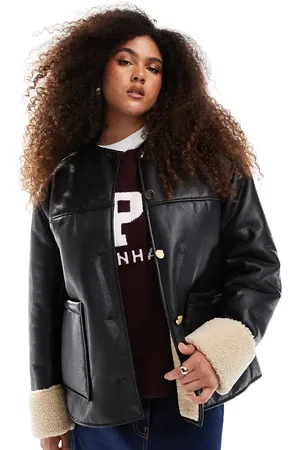 ASOS Chaqueta negra sin solapas con diseño reforzado de borreguito de Curve