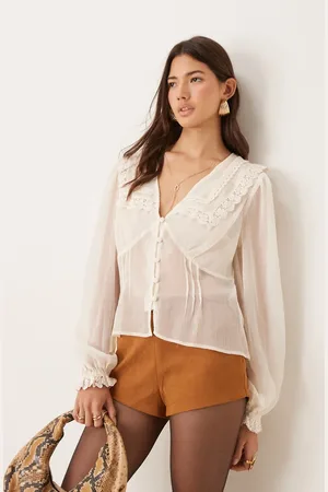 ASOS Blusa color con solapas y ribete de encaje de -Blanco