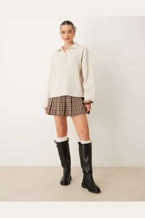 Gina Tricot Top color de manga larga con cuello tipo polo y botones de punto de -Neutro