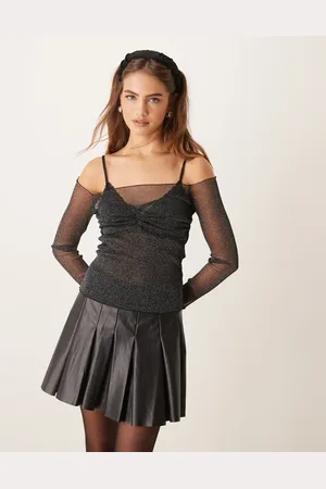 Gina Tricot Top con escote Bardot y paneles transparentes de malla con purpurina de
