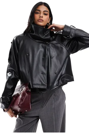 ASOS Gabardina corta negra con cuello alzado de tejido efecto cuero de