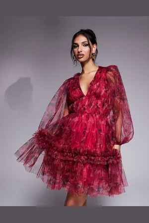 Lace & Beads Vestido corto rosa y fucsia con estampado floral y mangas globo de organza de -Rojo